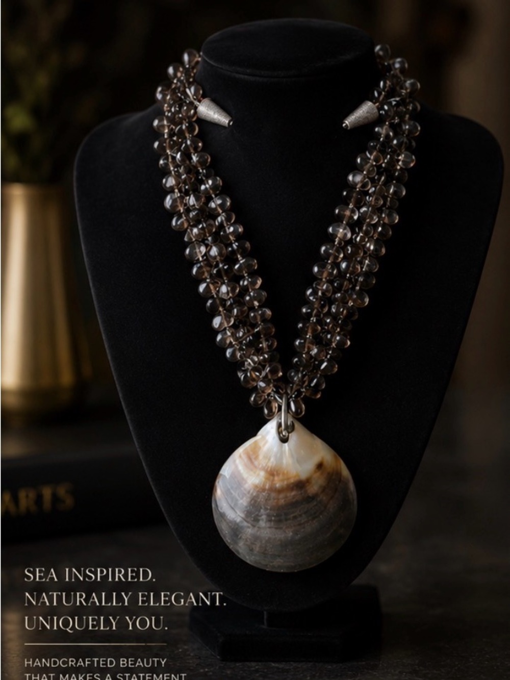 Smoky Brown Beaded Necklace with Natural Shell Pendant